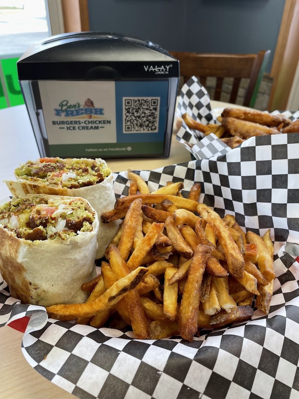 Falafel Wrap and Fish and Chips